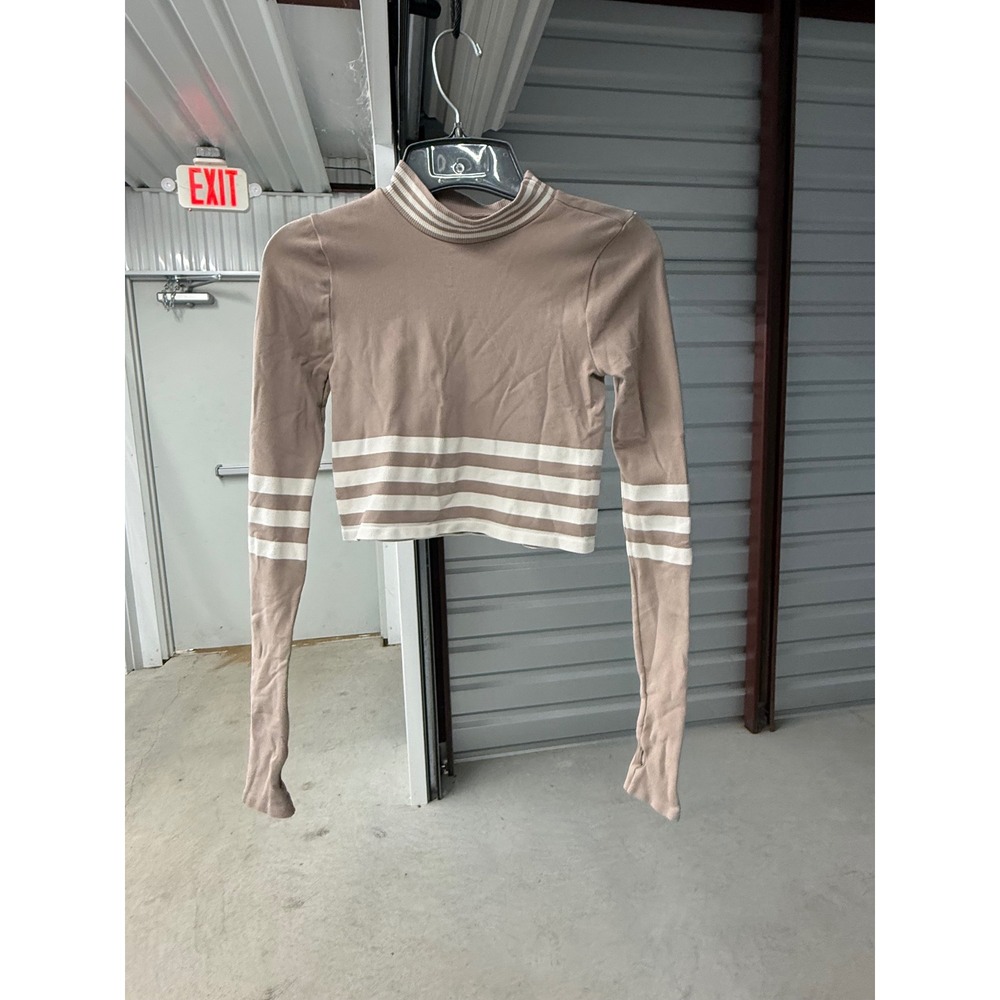 FP Movement Free People Varsity Crop Top Tan White Striped Long Sleeve XS/S